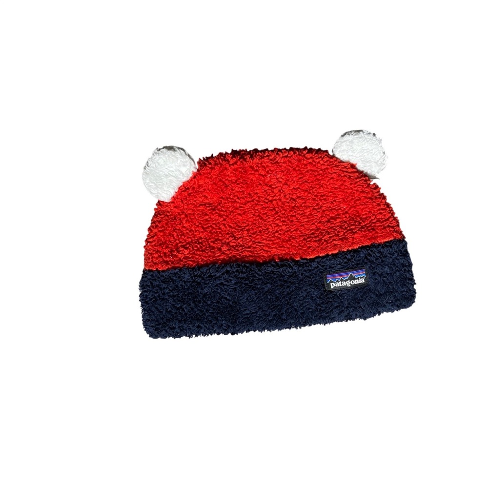 Patagonia Fuzzy Beanie Hat Red Navy Pom Pom One Size Winter Ski Cozy